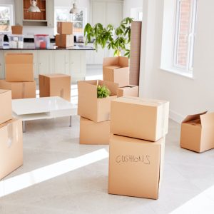 Stacked Removal Boxes In Empty Room On Moving Day